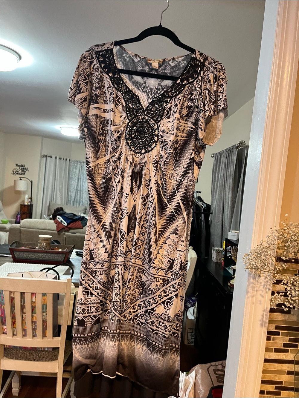 World Unity size large Black and Cream Embroidered V-Neck Women’s Dress